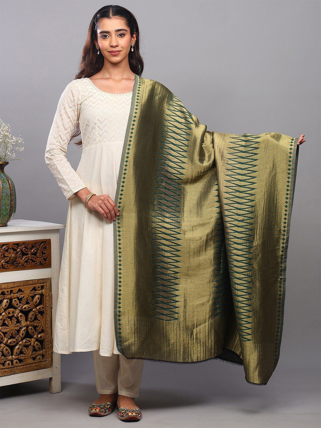 Exotic India Geometric Woven Design Woollen Shawl With All-Over Weave In Zari Thread