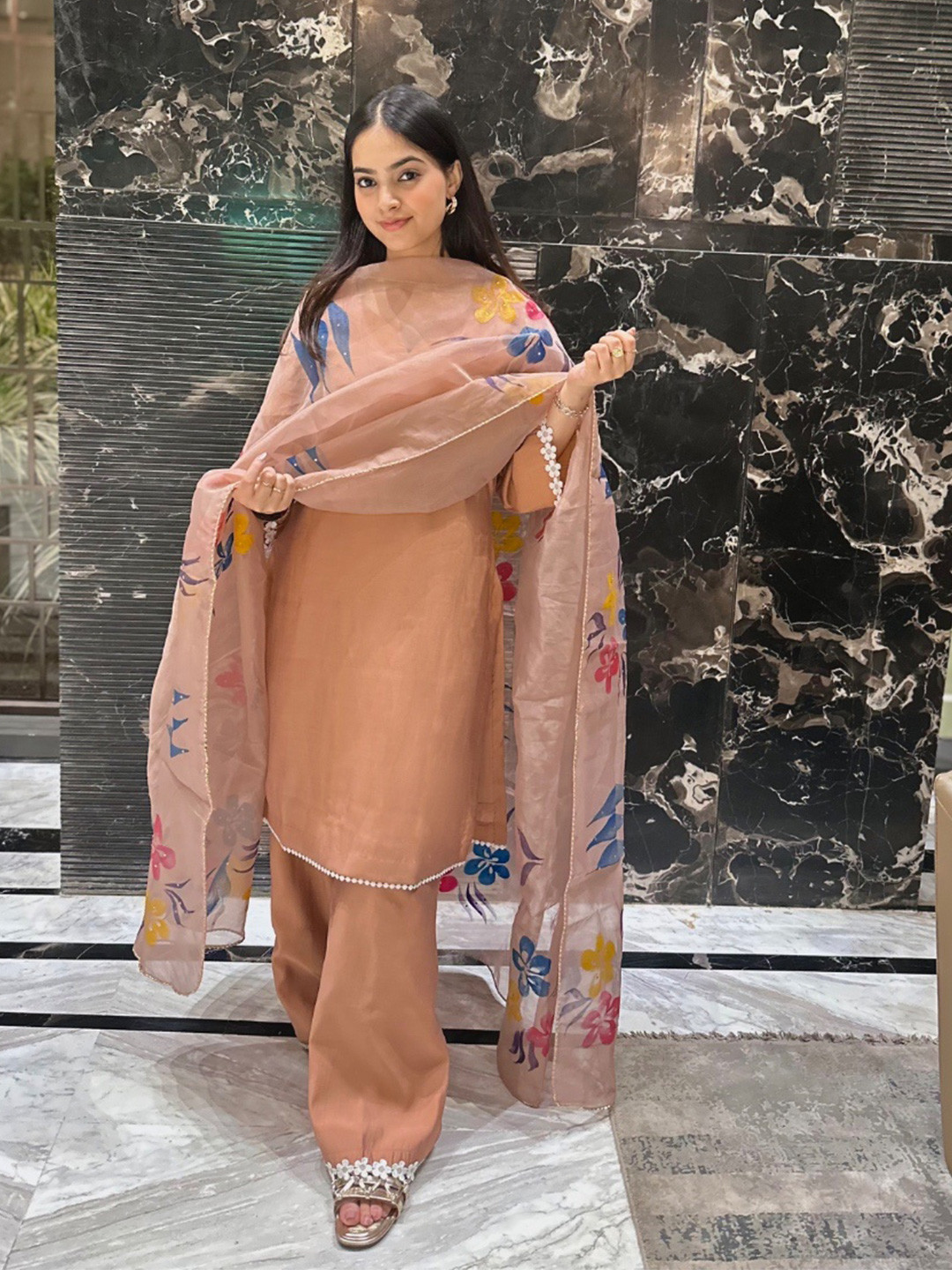 Akaya Embroidered Notch Neck Thread Work Cotton Silk Kurta With Palazzos & Dupatta