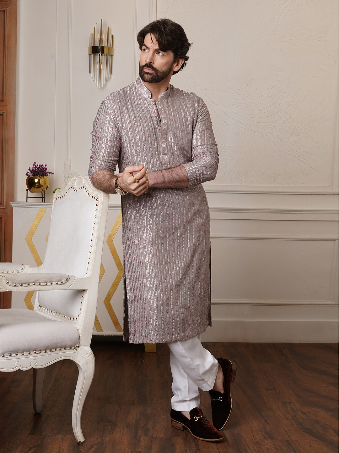 SOJANYA Ethnic Motifs Embroidered Mandarin Collar Sequinned Straight Kurta With Pyjamas - Image 1