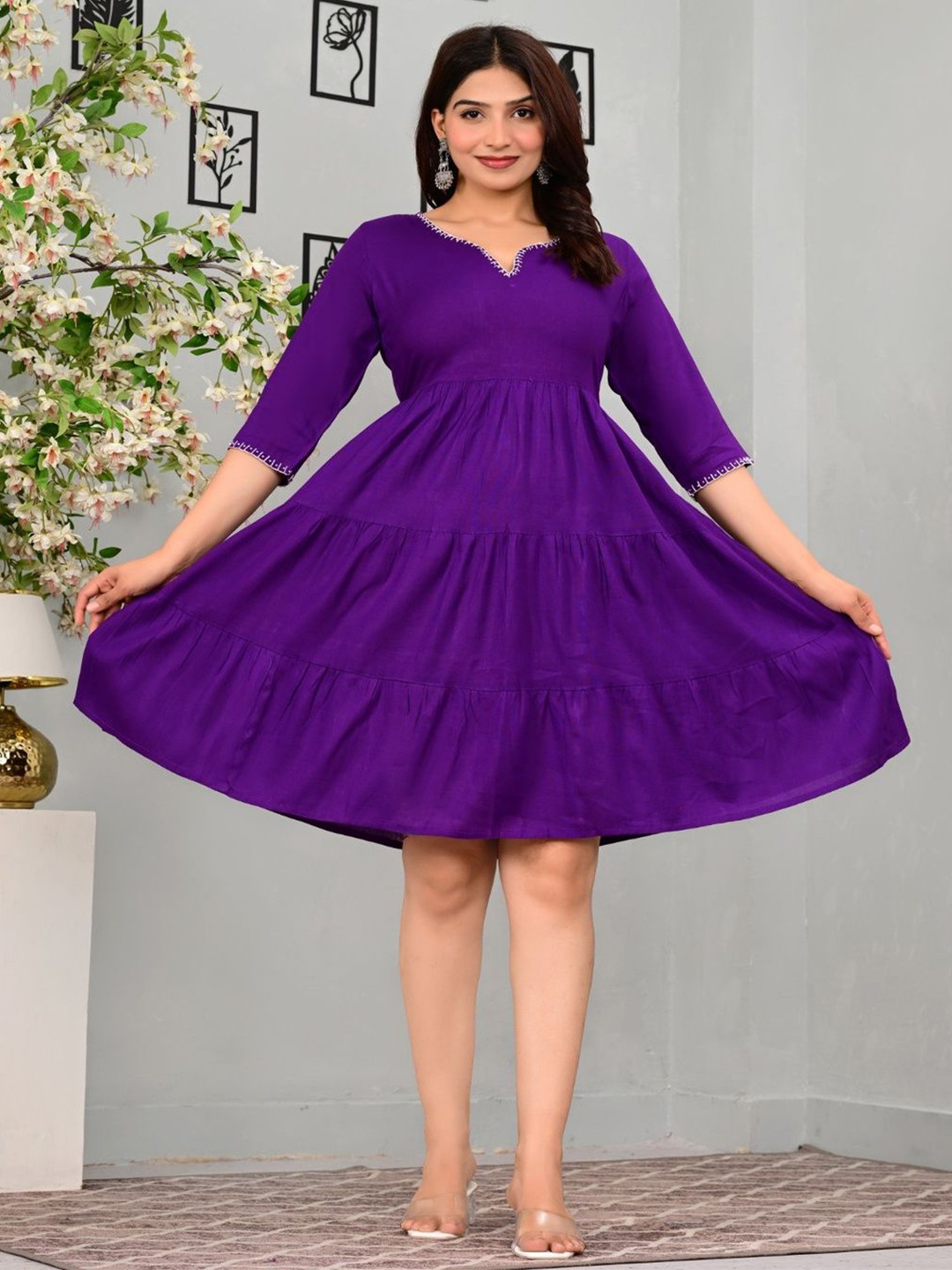 GREAT SELLER Women's Solid Fit & Flare Tiered Dress