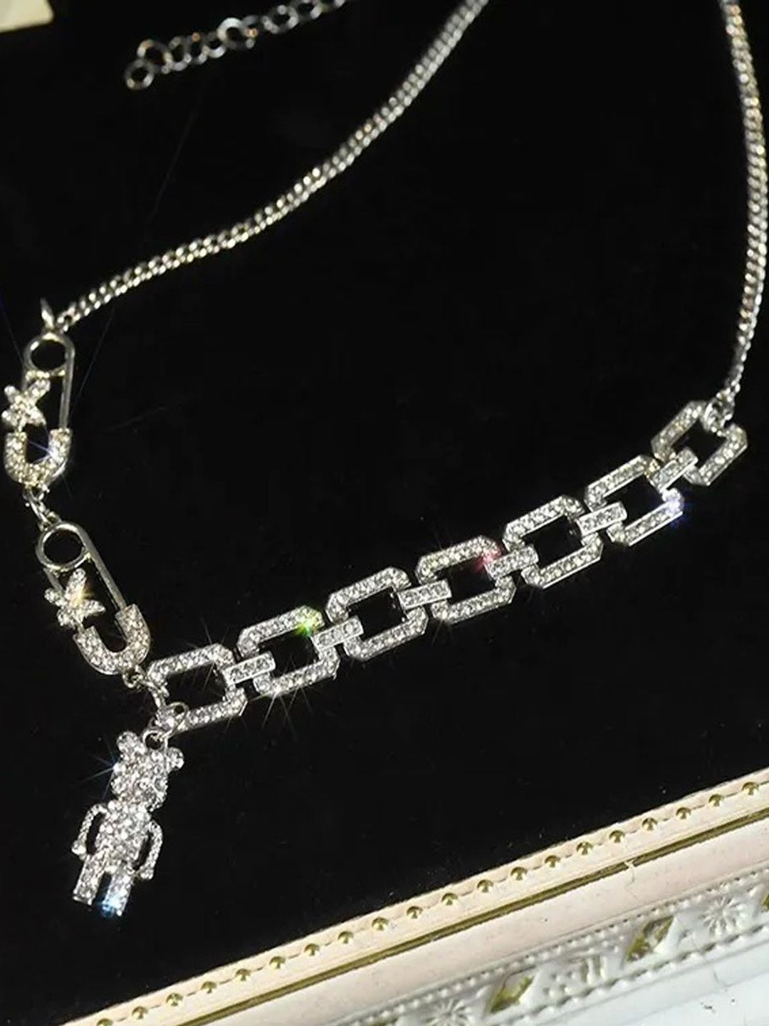 FIMBUL Silver-Plated Crystals Studded Link Chains Teddy Bear Minimal Necklace