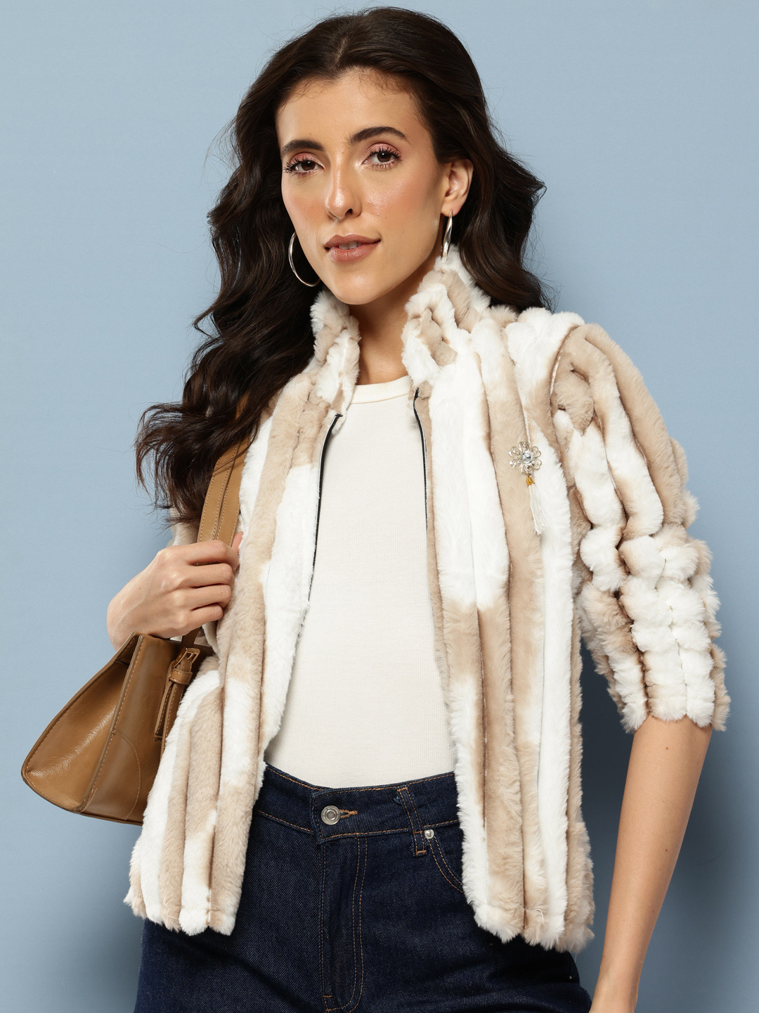 Aarika Mock Collar Applique Detail Faux Fur Tailored Jacket