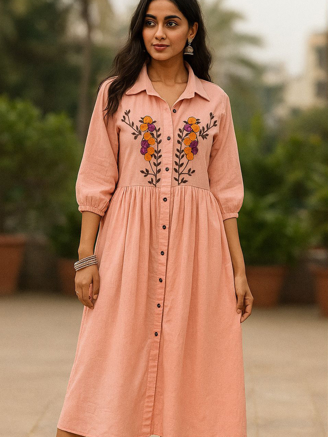 HOUSE OF MAITHILI Women Peach Garden Floral Embroidered Fit & Flar Dress