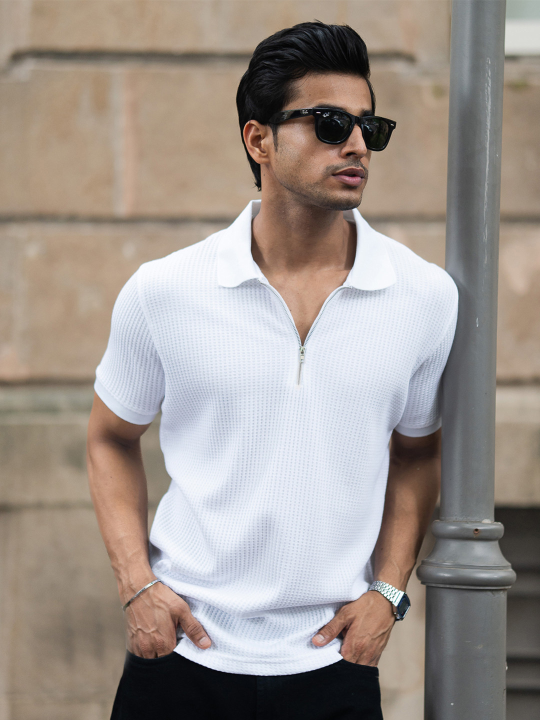 Powerlook Waffle Abstract Cotton Polo Collar Short Sleeves T-shirt