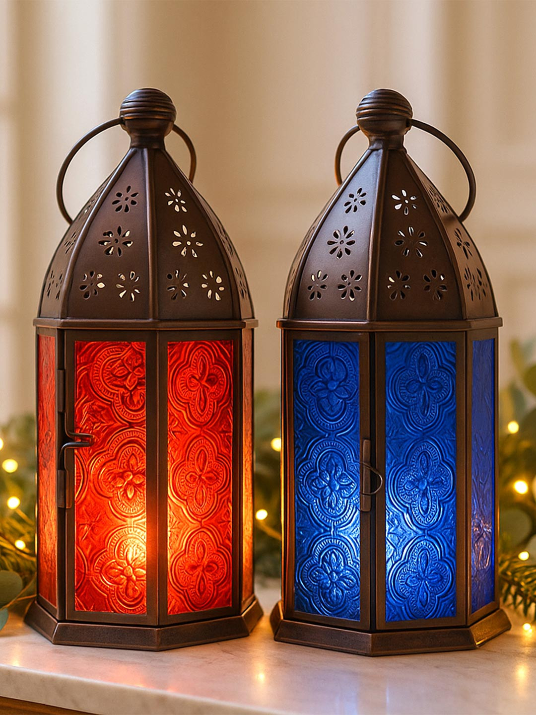 Homesake Set of 2 Red & Blue Antique Lantern Shaped Candle Holders