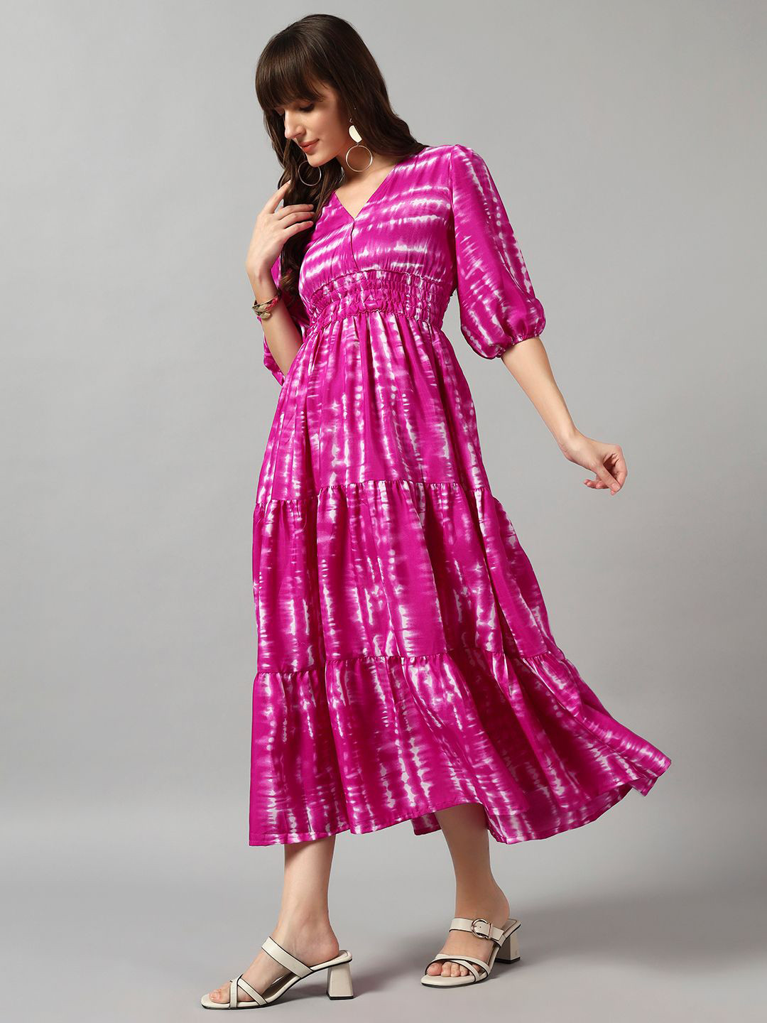 Femvy designer Women Tie and Dye Dyed Puff Sleeves Fit & Flare Midi Dress