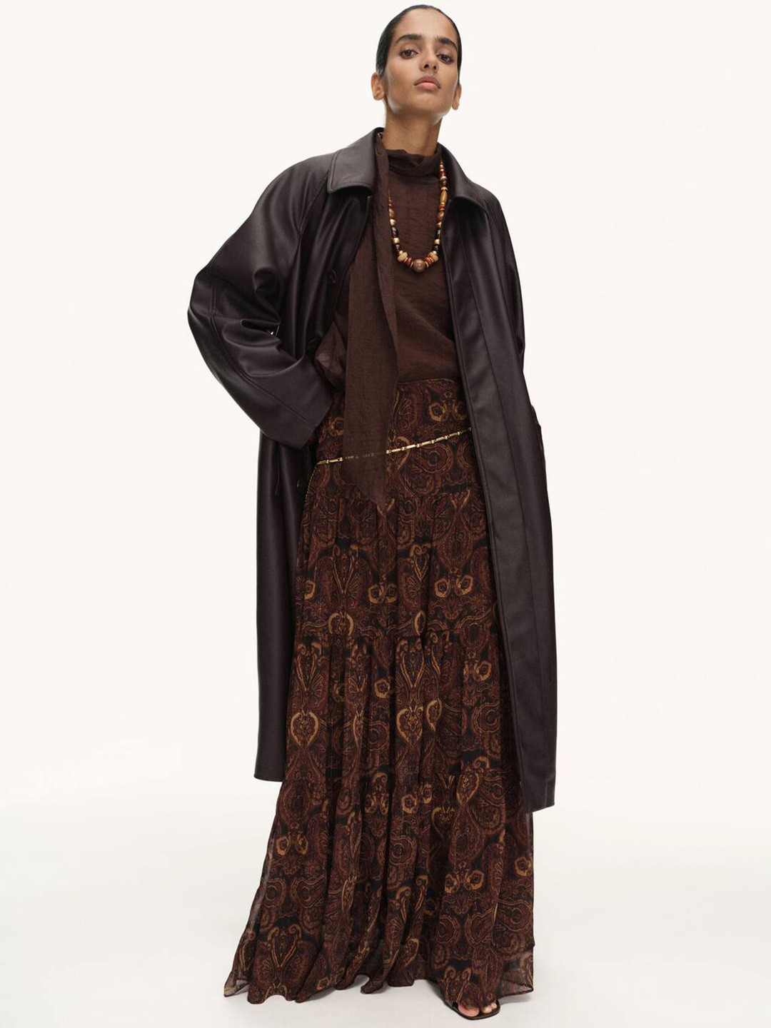 MANGO Spread Collar Leather Effect Longline Trench Coat