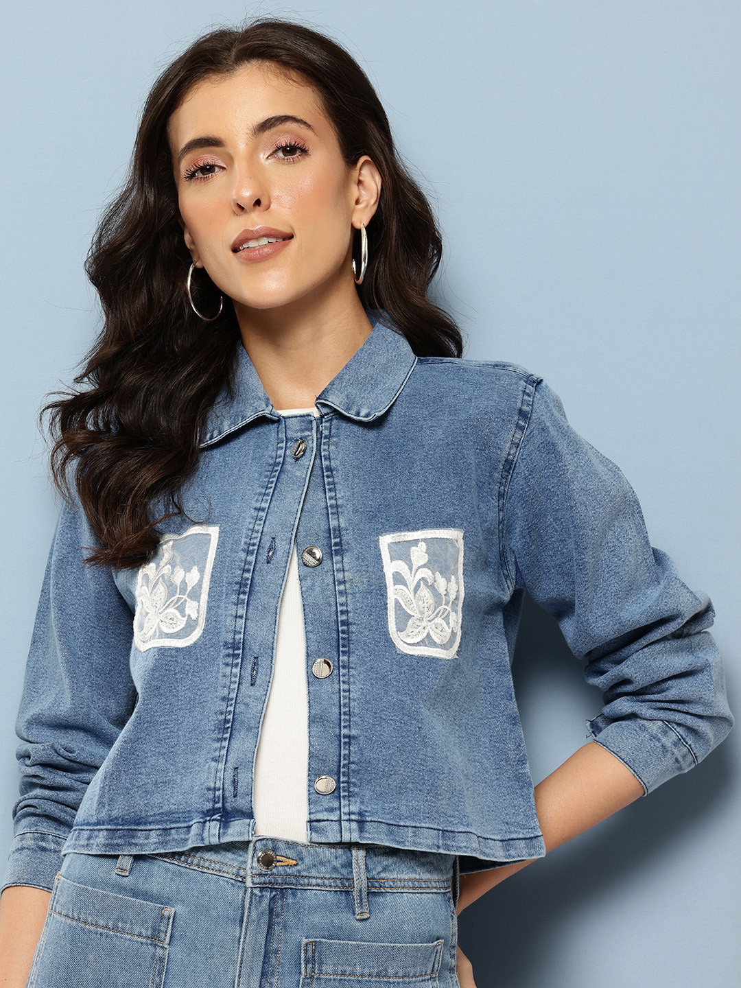 Aarika Crochet Applique Crop Denim Jacket