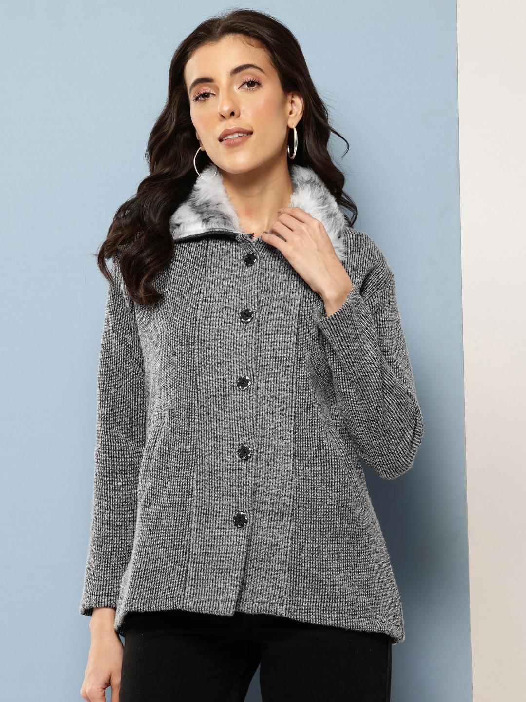 Aarika Faux Fur Trim Self Striped Cardigan