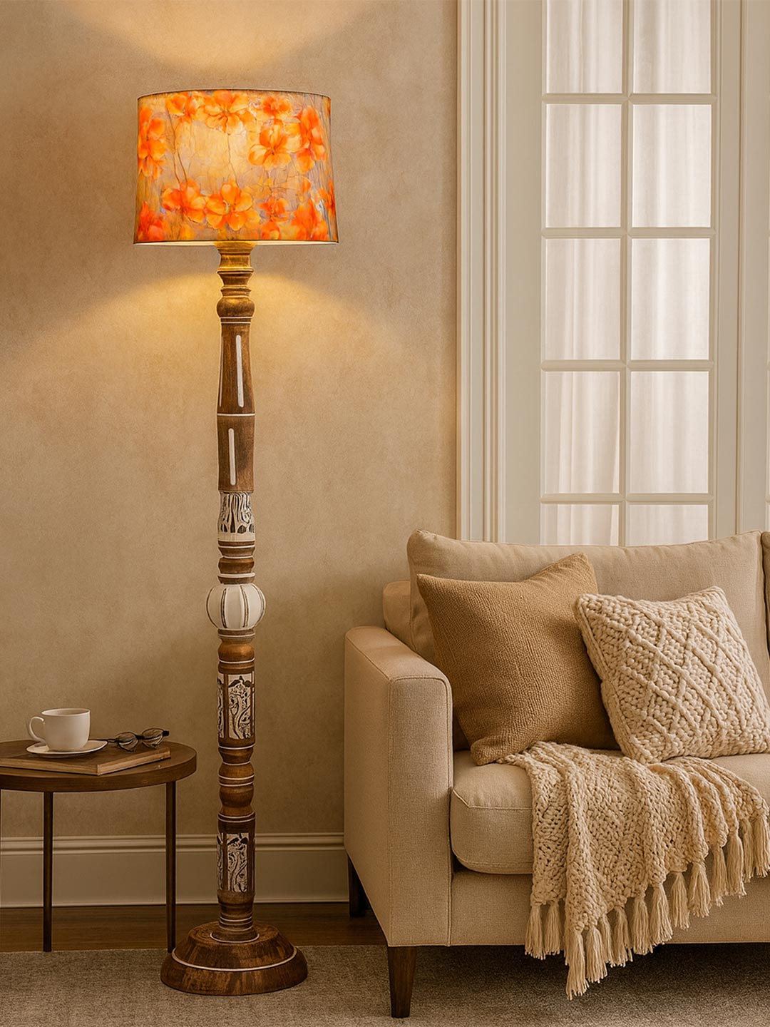 Homesake Royal Carving Red Printed Antique White Finish Wooden Floor Lamp With Shade