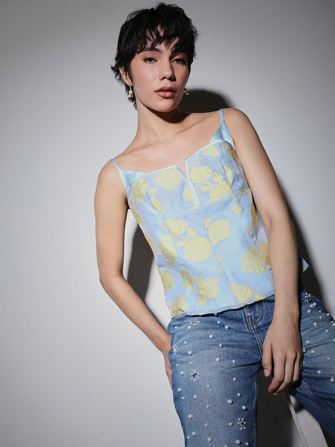 ONLY Floral Self Design Shoulder Straps Top