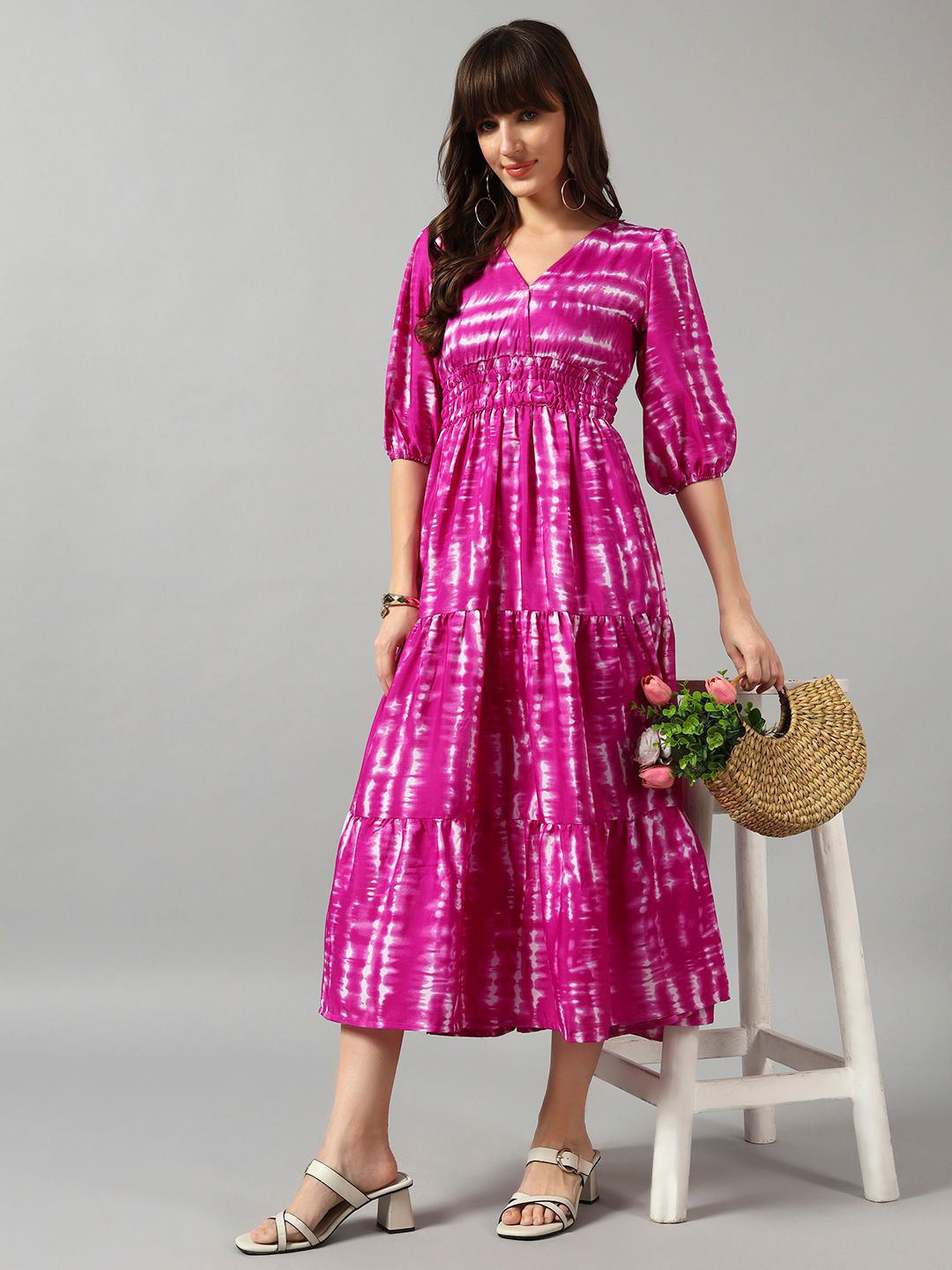 Raiyani Fashion Tie and Dye Dyed V-Neck Gathered Or Pleated Casual Fit & Flare Midi Dress