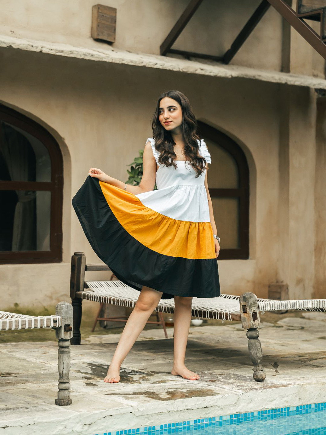 Satnam Handicrafts Colourblocked Ruffled Fit and Flare Above Knee Dress