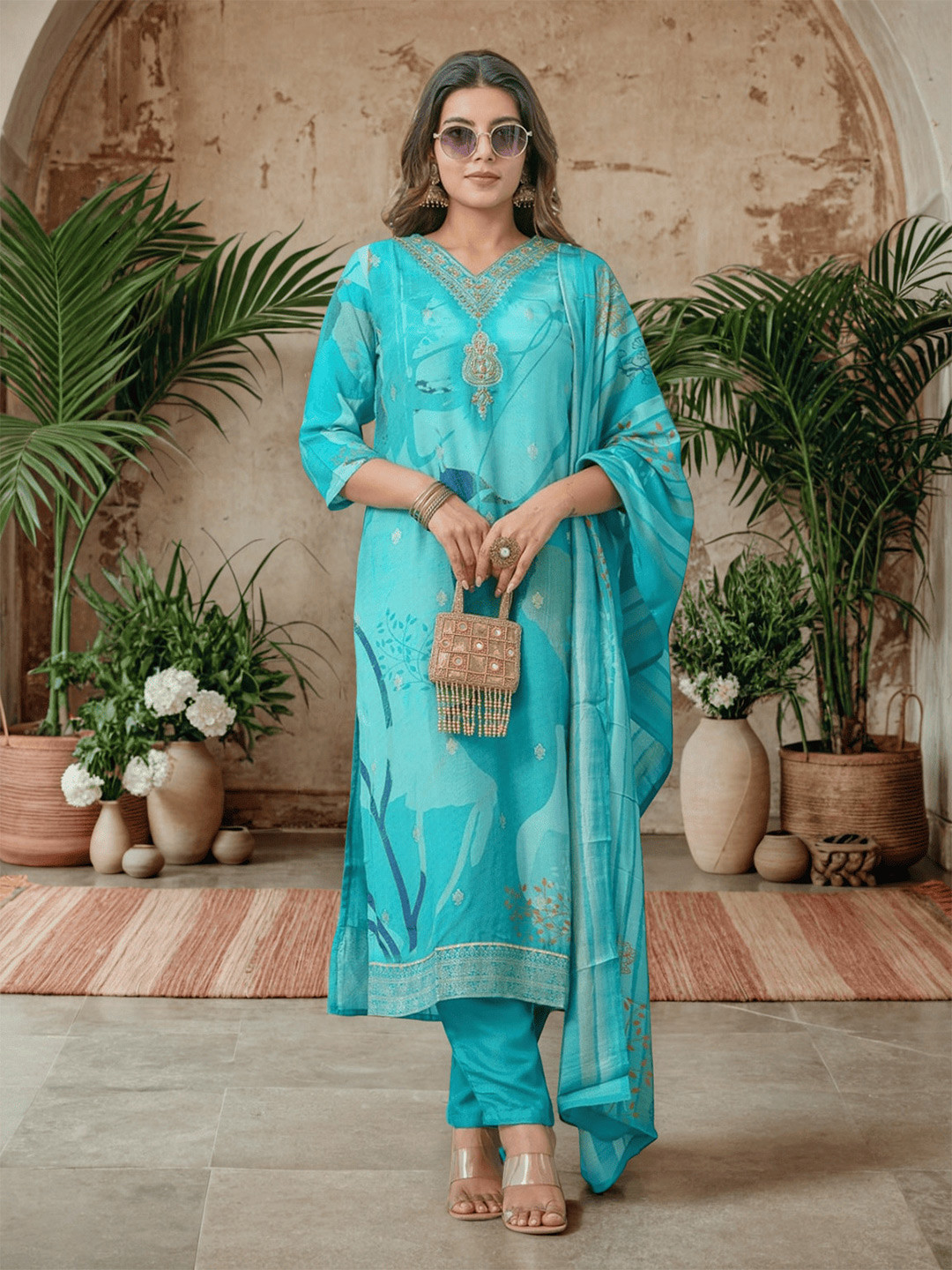 Sangria Floral Printed Thread Work Art Silk A-Line Kurta With Trouser & Dupatta