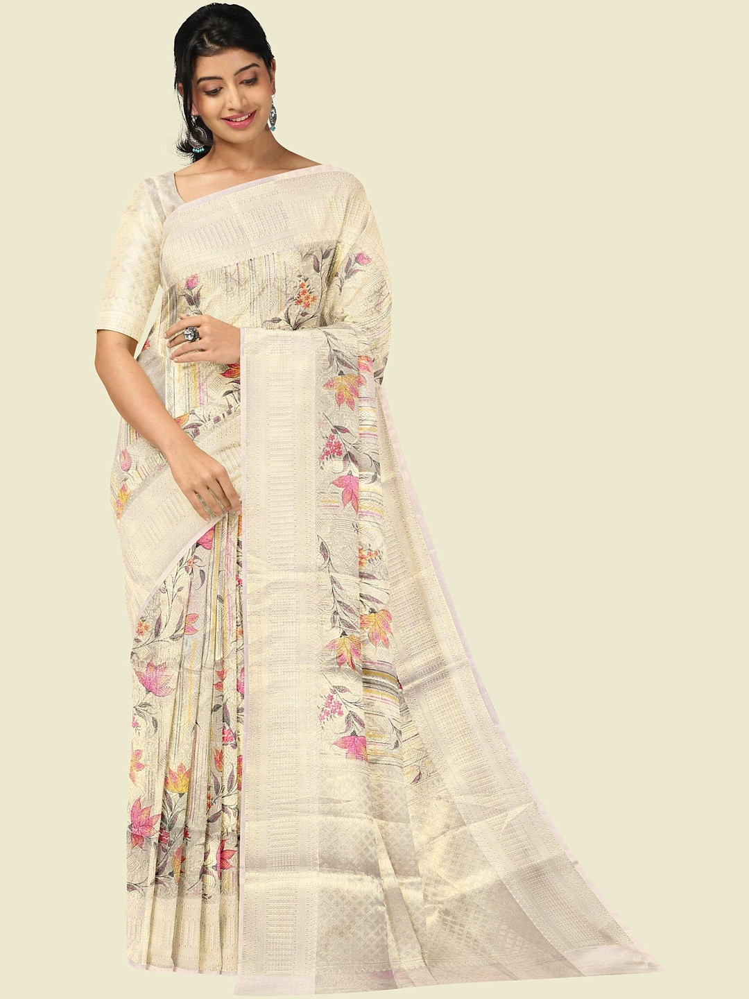 The Chennai Silks Floral Printed Zari Banarasi Organza Saree With Blouse Piece