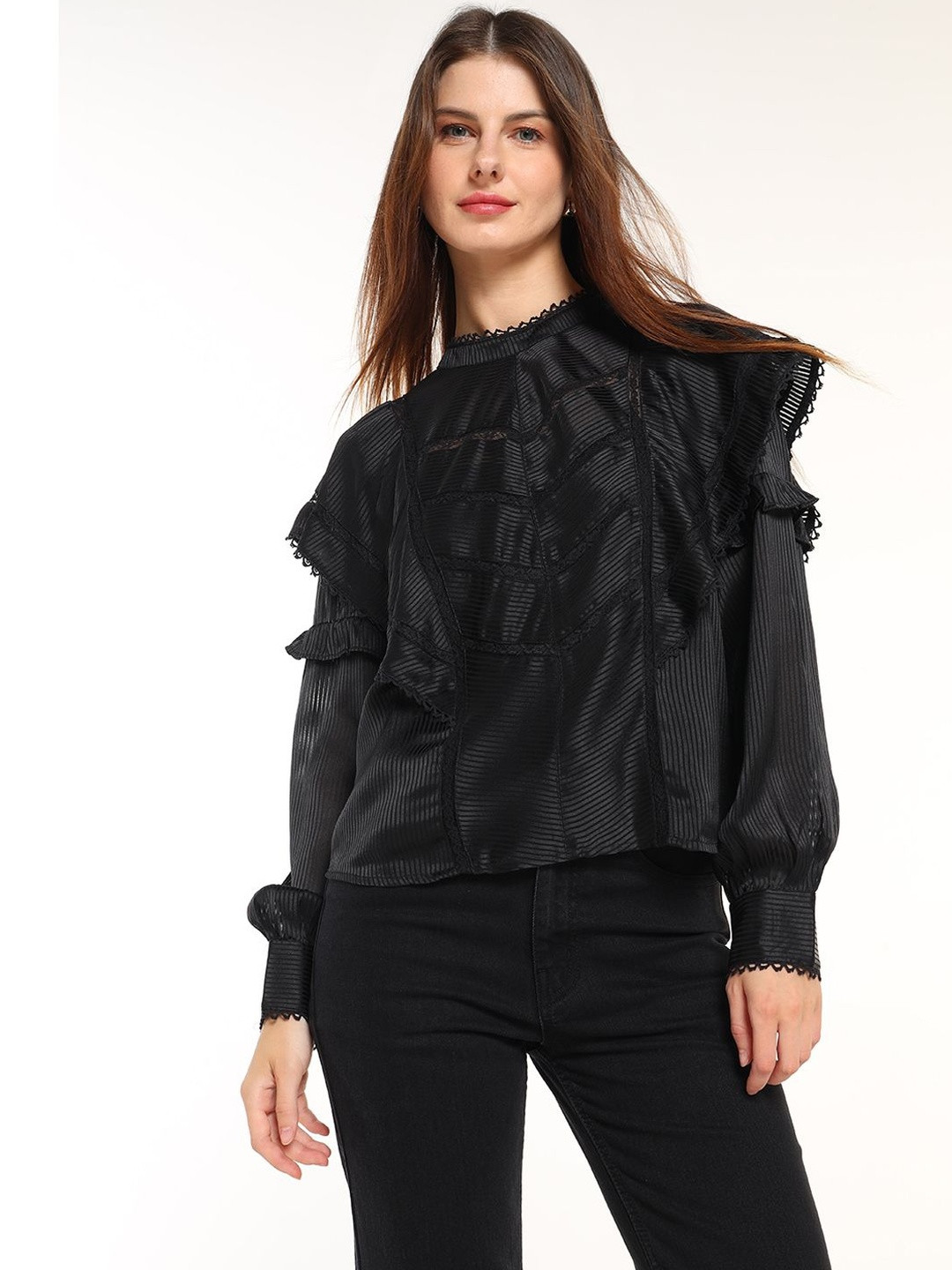 COVER STORY High Neck Self Design Textured Ruffles Top