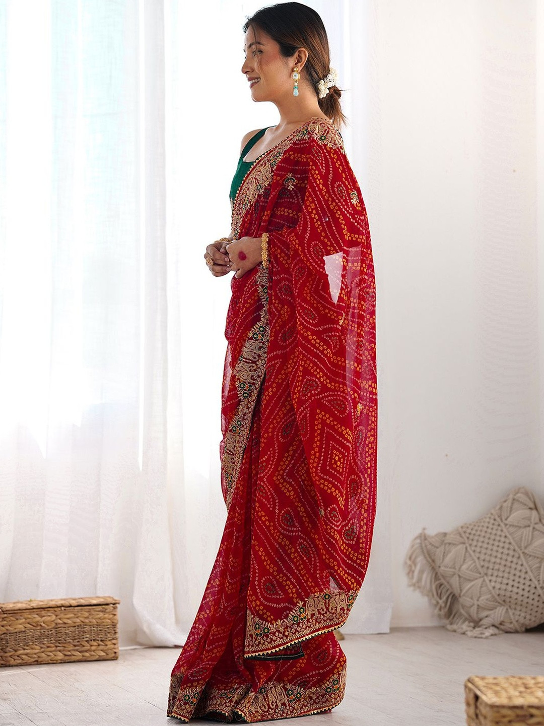 KALINI Bandhani Embroidered Heavy Work Saree With Blouse Piece