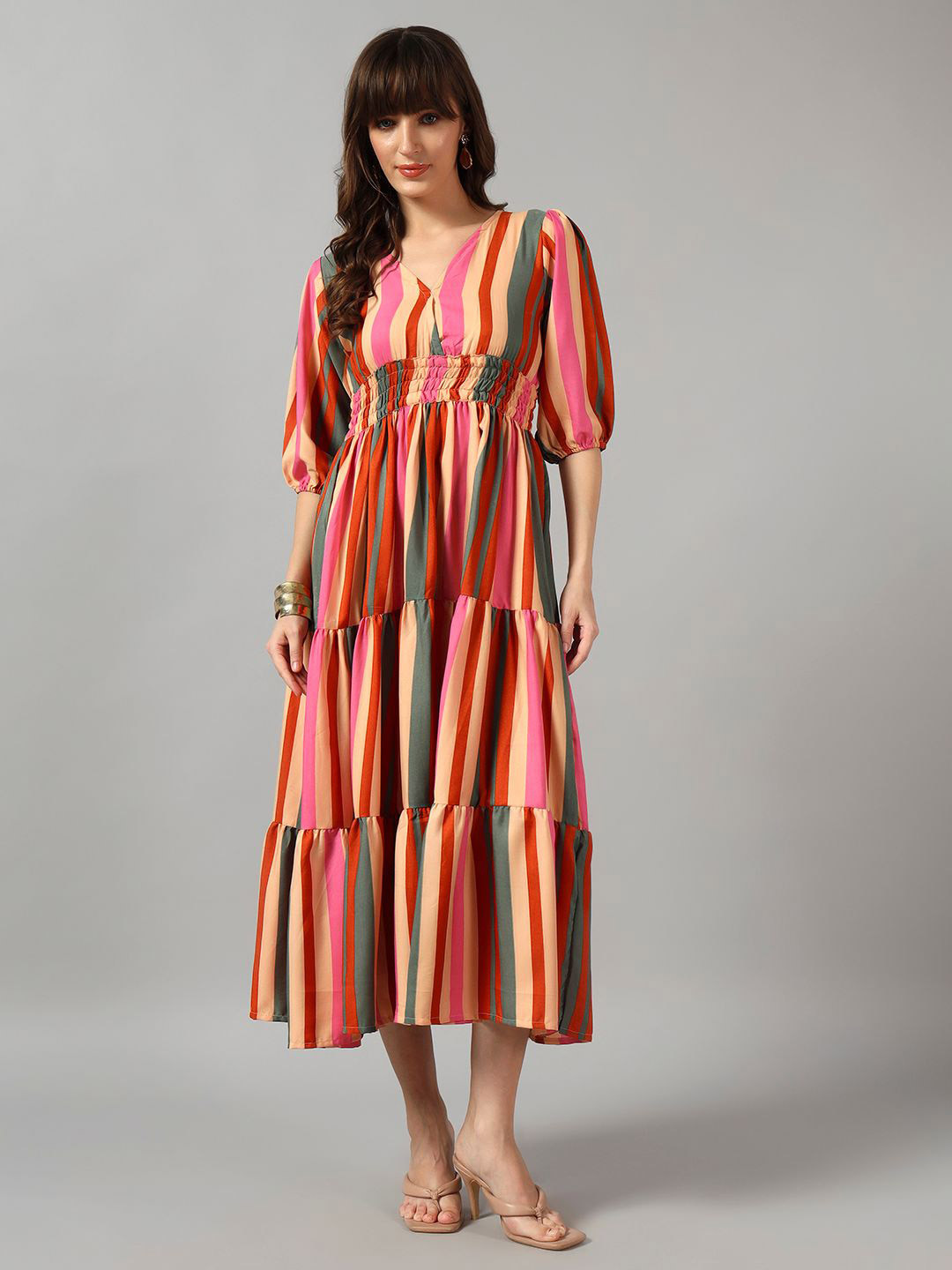 Femvy Stiped Tiered Fit & Flare Maxi Dress