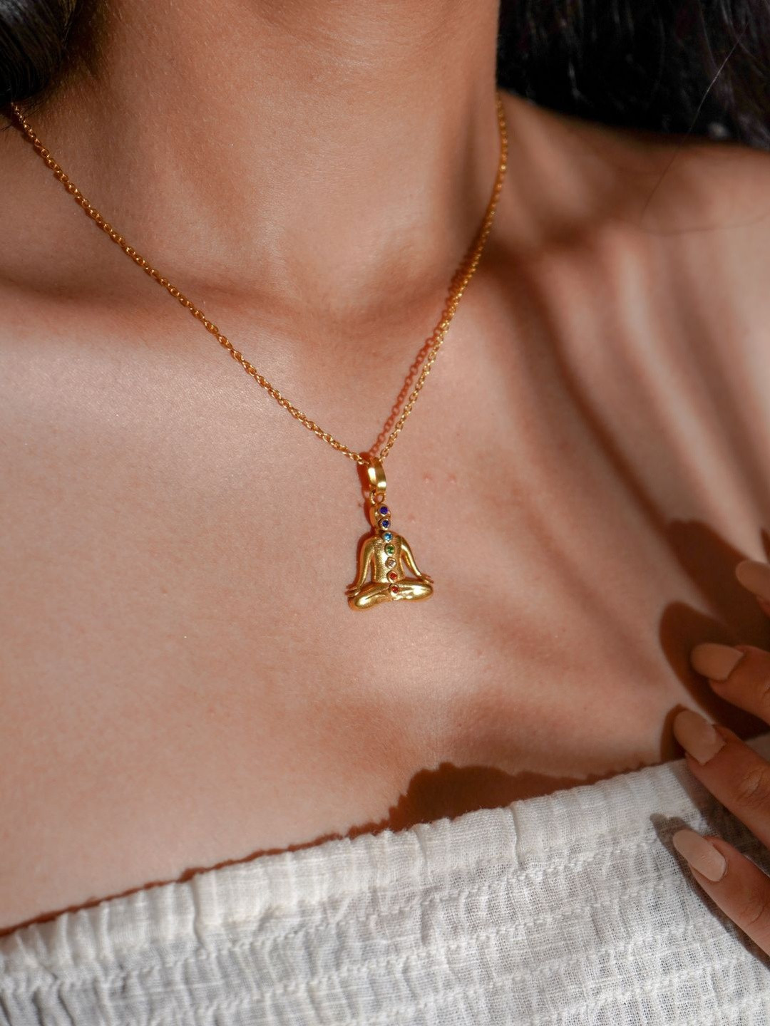 ALSO - A Look to Stand Out Gold-Plated Zircon Studded Buddha Meditation Pendant With Chain