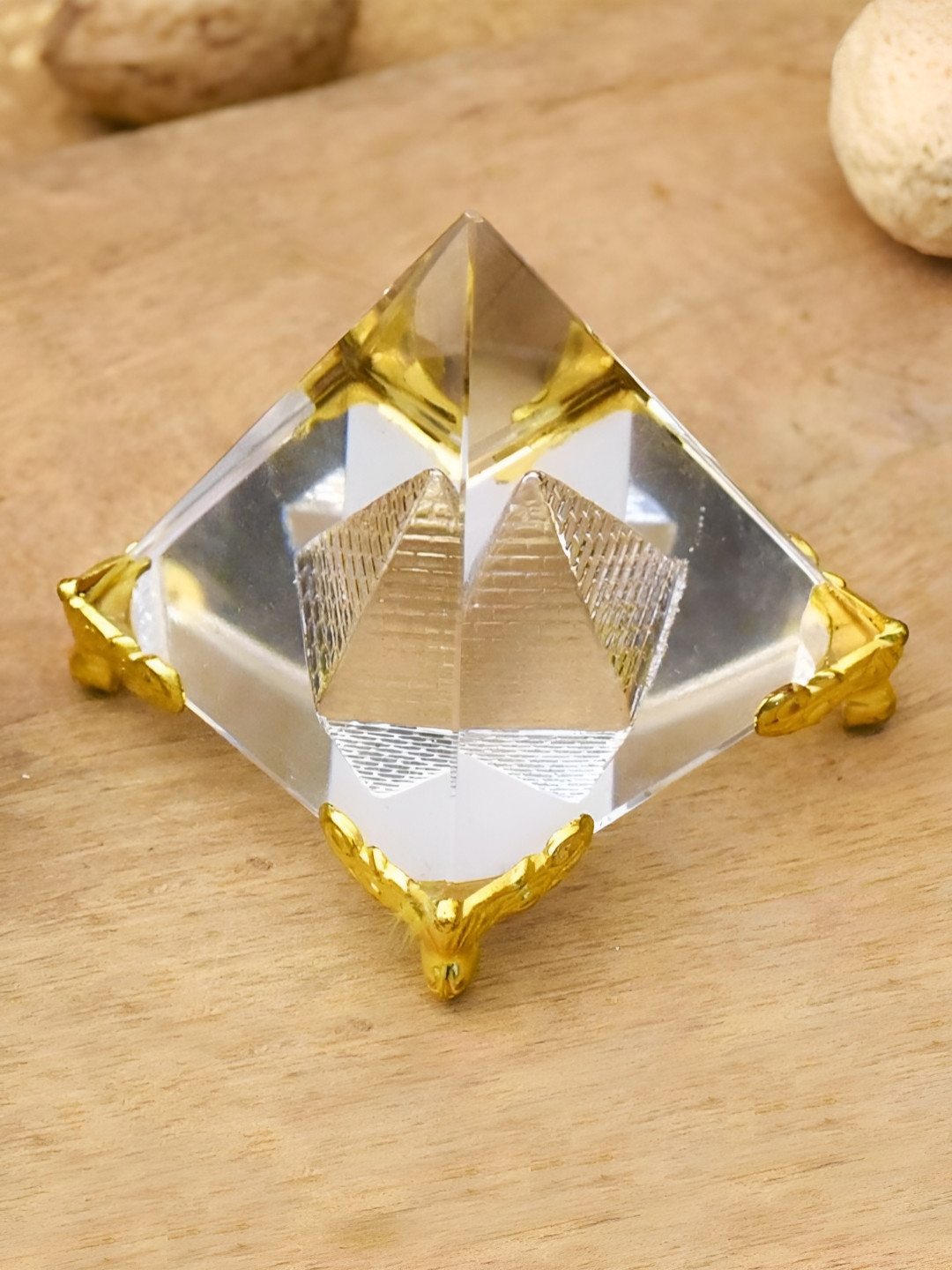 TIED RIBBONS Crystal Pyramid Prism, Feng Shui with Gold Stand Showpiece