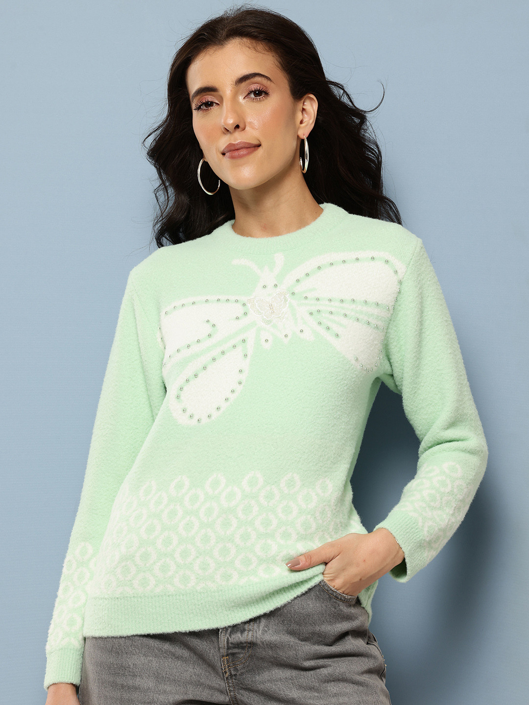 Aarika Studded Conversational Design Fuzzy Pullover