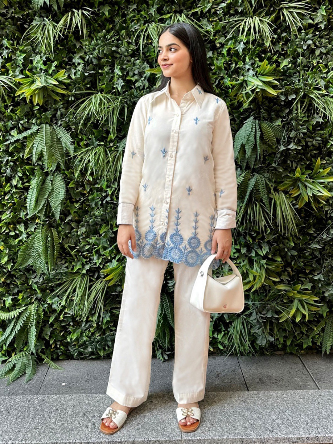 Akaya Pearl Glow Embroidered Long Sleeves Linen Cotton Shirt With Trousers