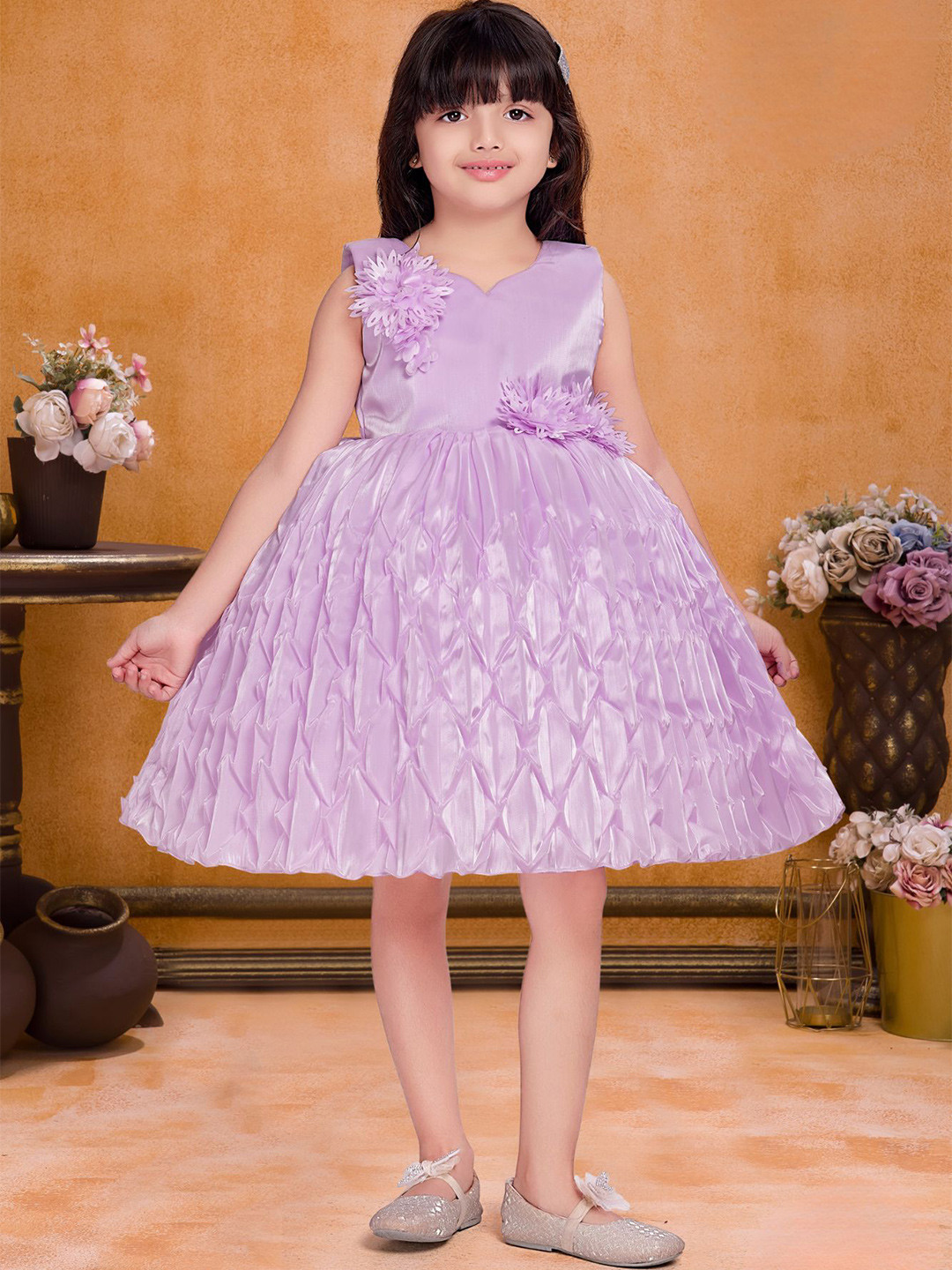 Lagorii Girls Lavender Embellished Textured Pleated Skirt Party Wear Frock