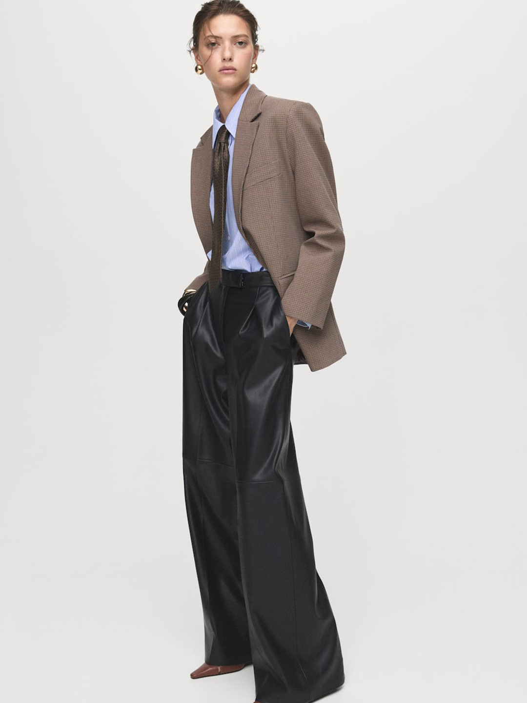 MANGO Women Mid-Rise Pleated Faux Leather Wide Leg Trousers