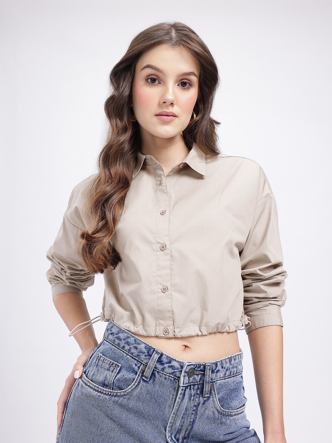 glitchez Pure Cotton Toggled Hem Cropped Oversized Shirt