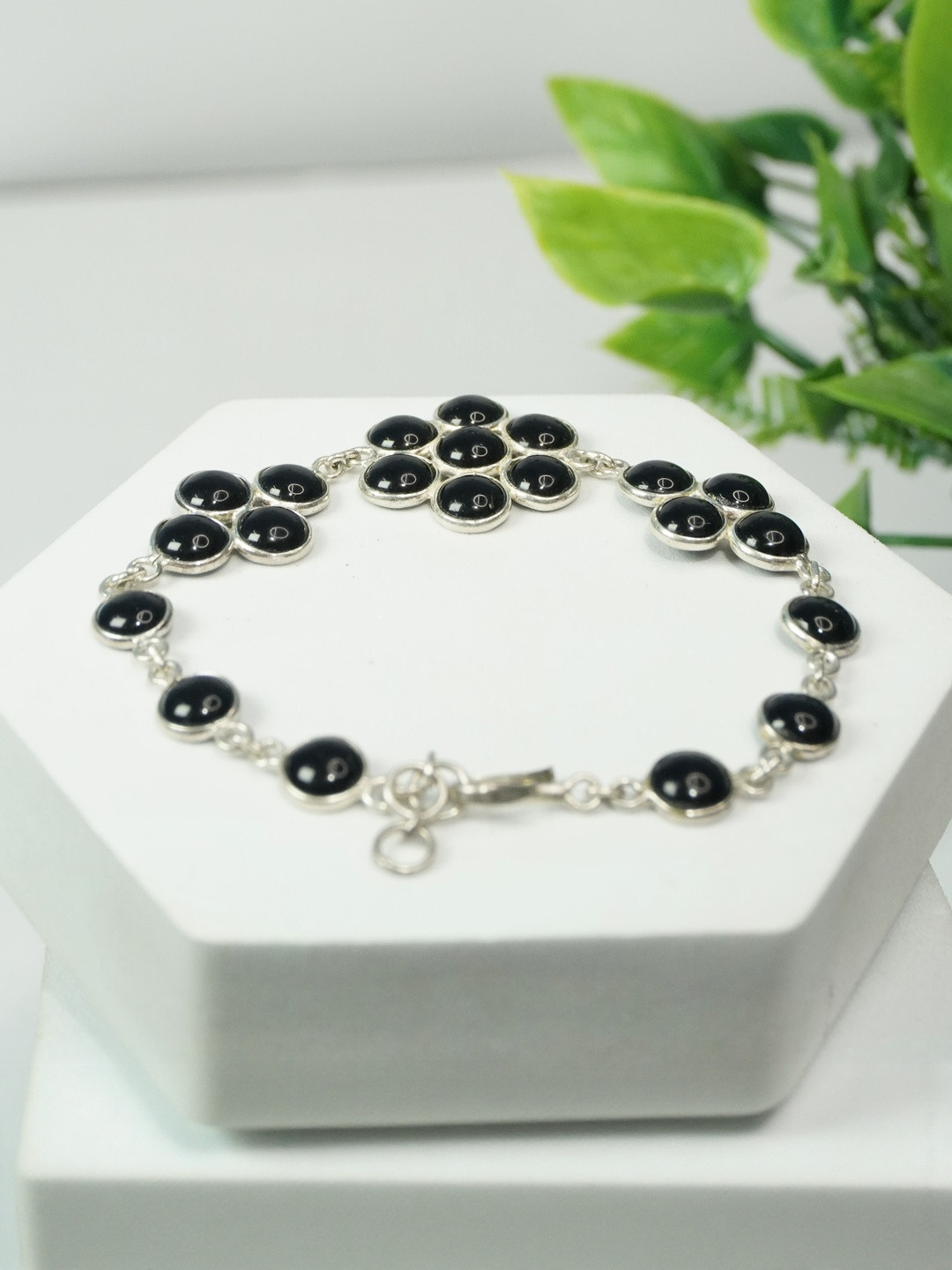 Love Rocks Silver Black Onyx Floral Design Bracelet