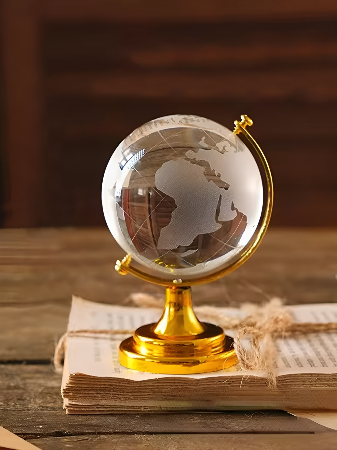 TIED RIBBONS Fengshui Small Crystal Globe with Golden Stand Showpiece