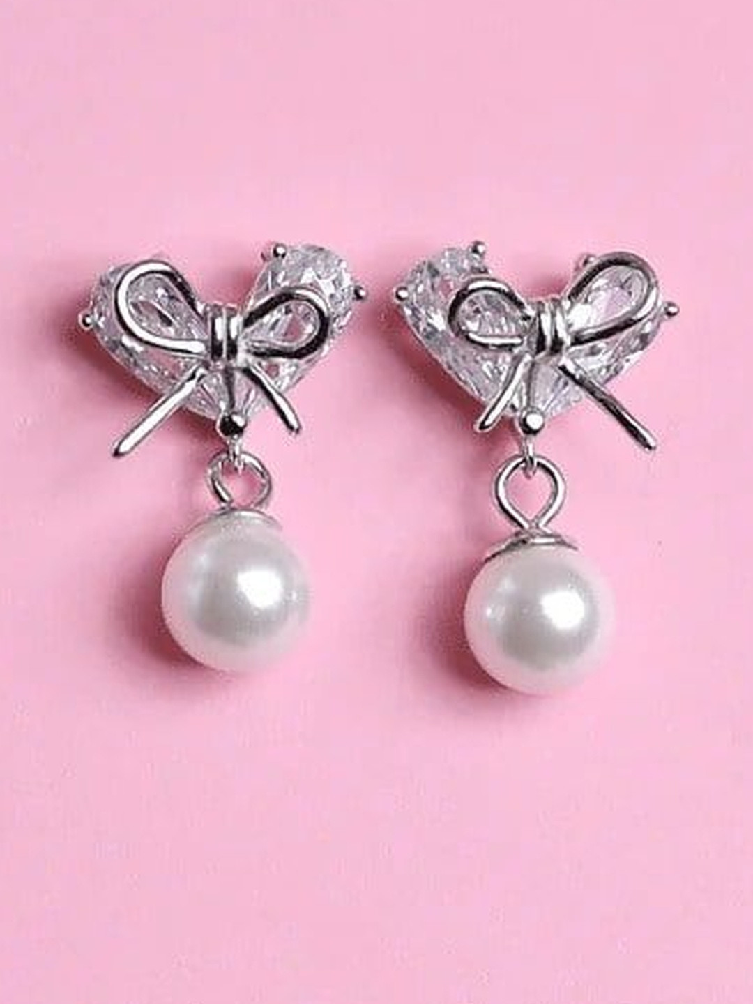ANJ JEWELS 925 Sterling Silver Plated American Diamond & Pearls Beaded Drop Earrings