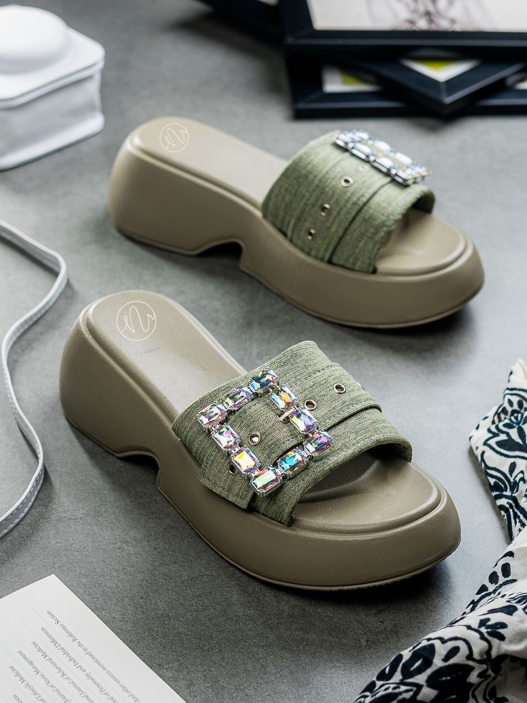 NR By Nidhi Rathi Women Olive Green Wedge Heels with Diamond & Denim Detailing