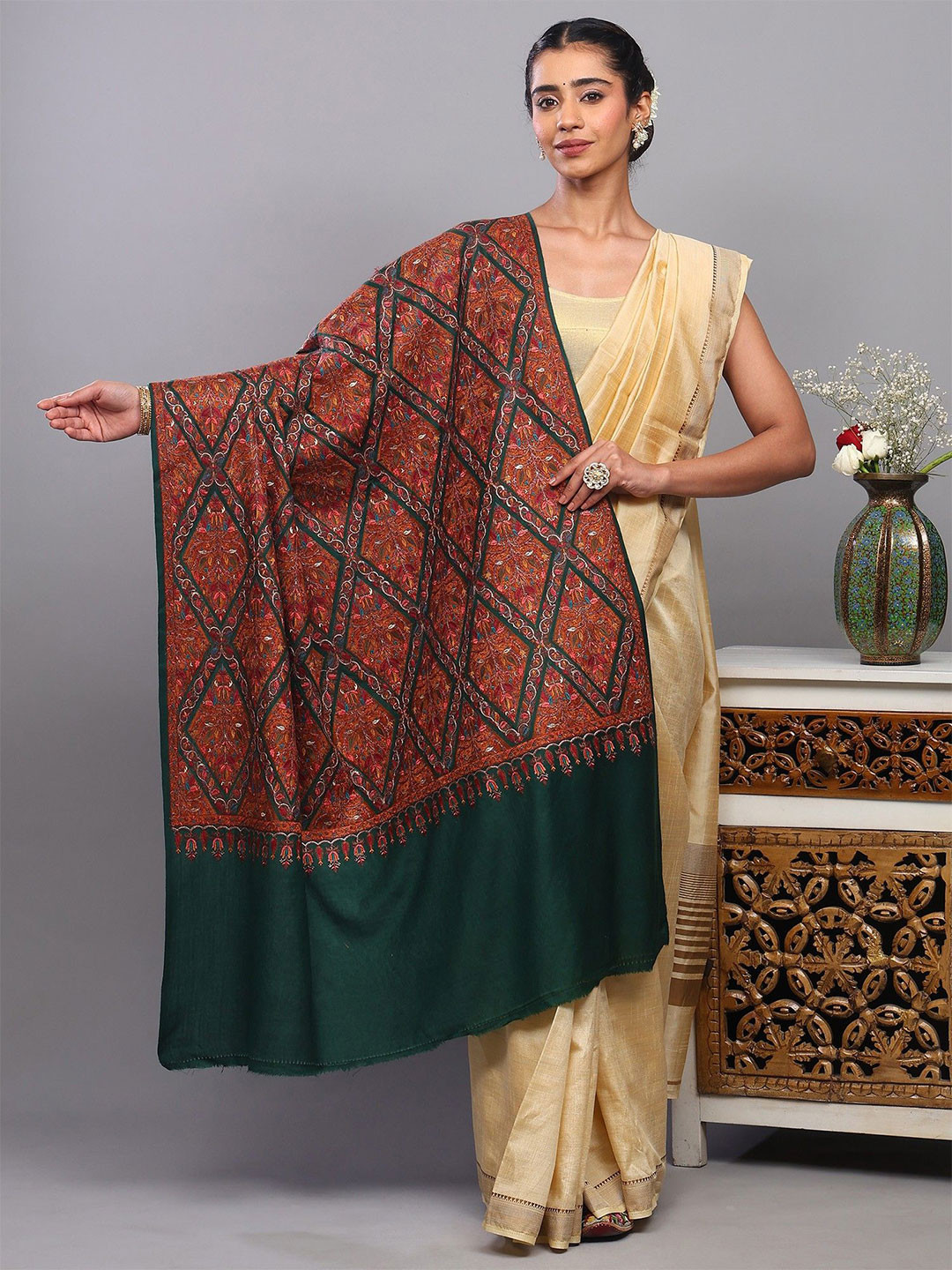Exotic India Woollen Shawl From Punjab With Thread Embroidered Flowers In Diamond Pattern