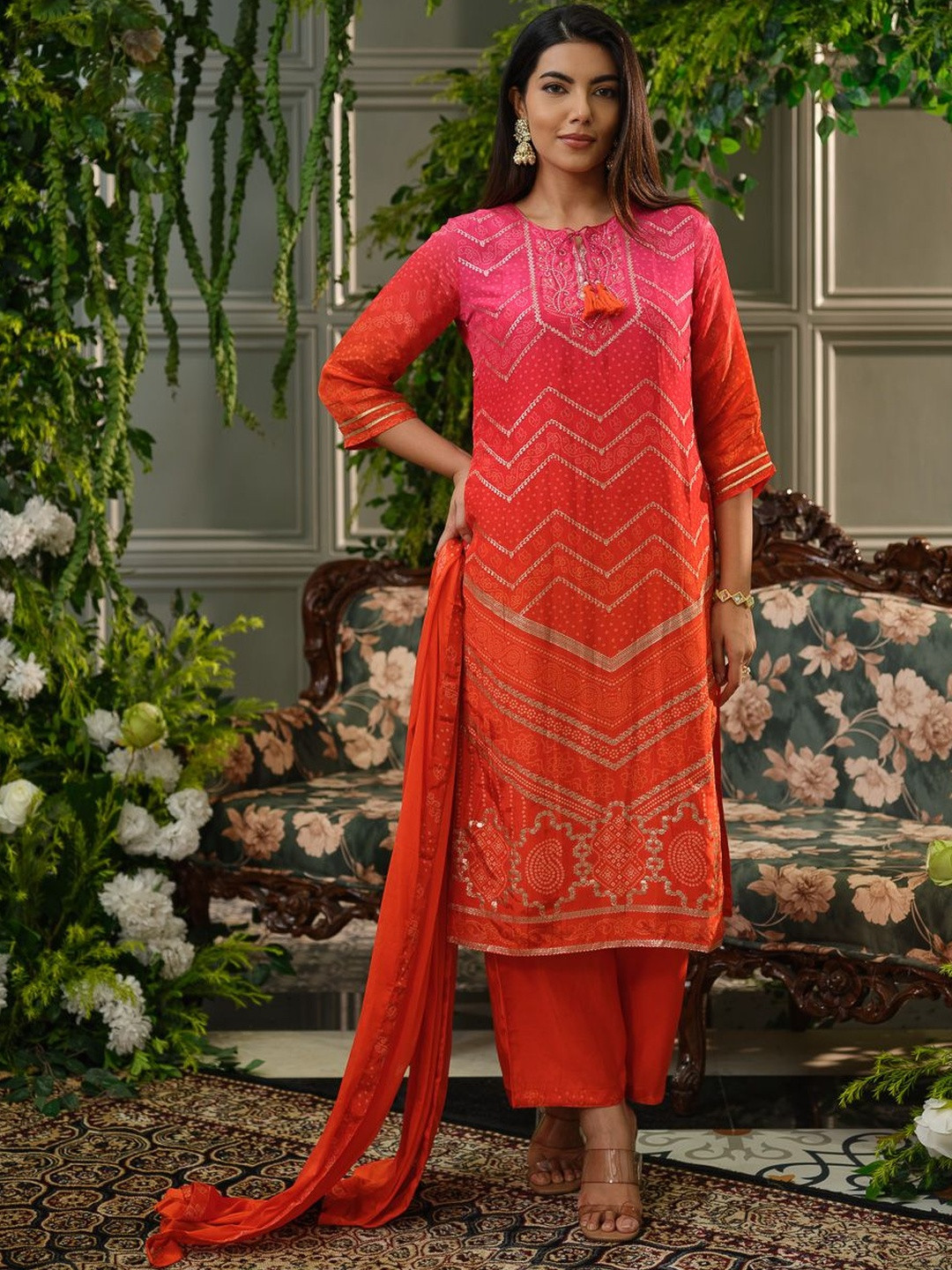 D W Apparels Bandhani Printed Round Neck Beads & Stones Kurta With Trousers & Dupatta