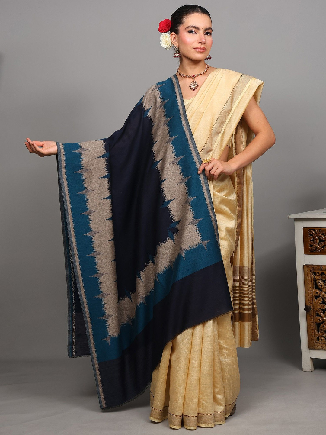 Exotic India Abstract Woven Design Woollen Shawl With Woven Ikat-Inspired Pattern Border