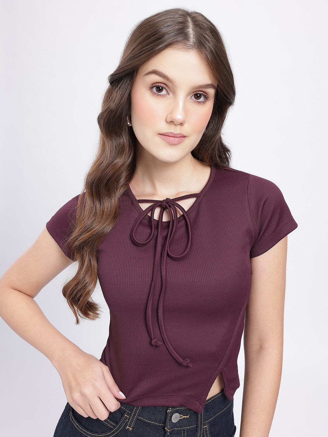 glitchez Ribbed Tie-Up Detail Crop Fitted Top with Side Slit