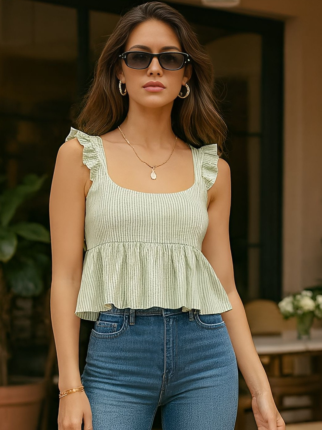 don't be basic Striped Flutter Sleeve Peplum Crop Top