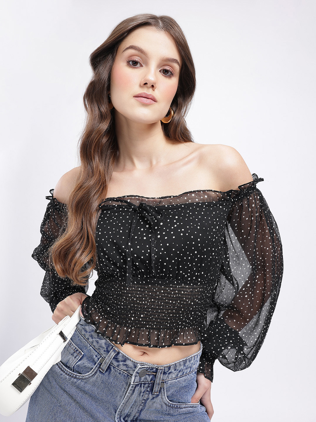 Polka Dots Print Ruffled & Smocked Georgette Crop Bardot Top