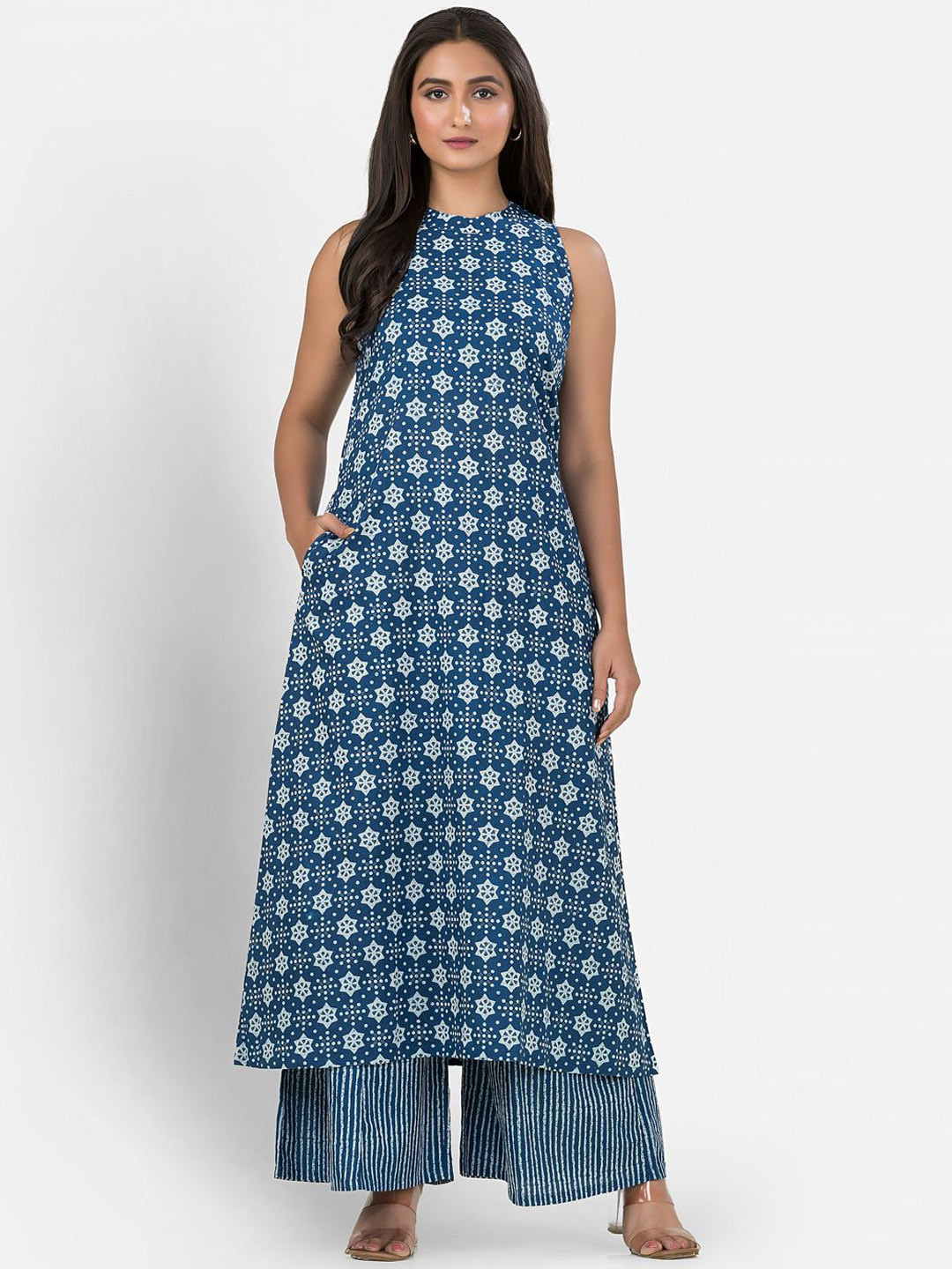 Crazy Needle Floral Printed A Line Pure Cotton Kurta with Palazzos