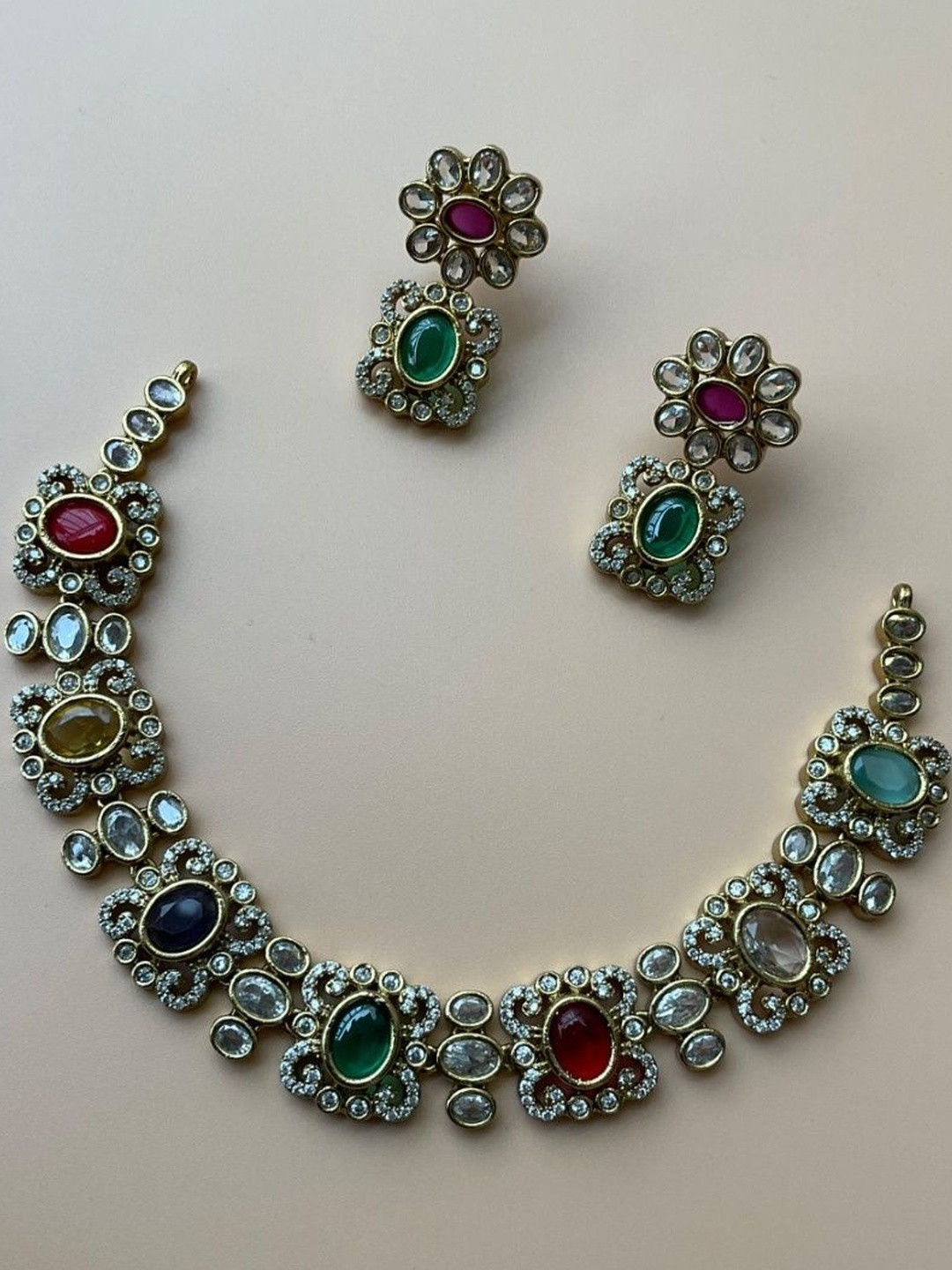 Ajrang Gold-Plated Navaratna Stone Studded Jewellery Set