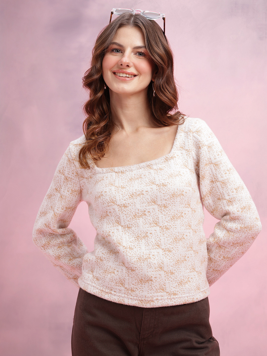 DressBerry Abstract Self Design Square Neck Sweater