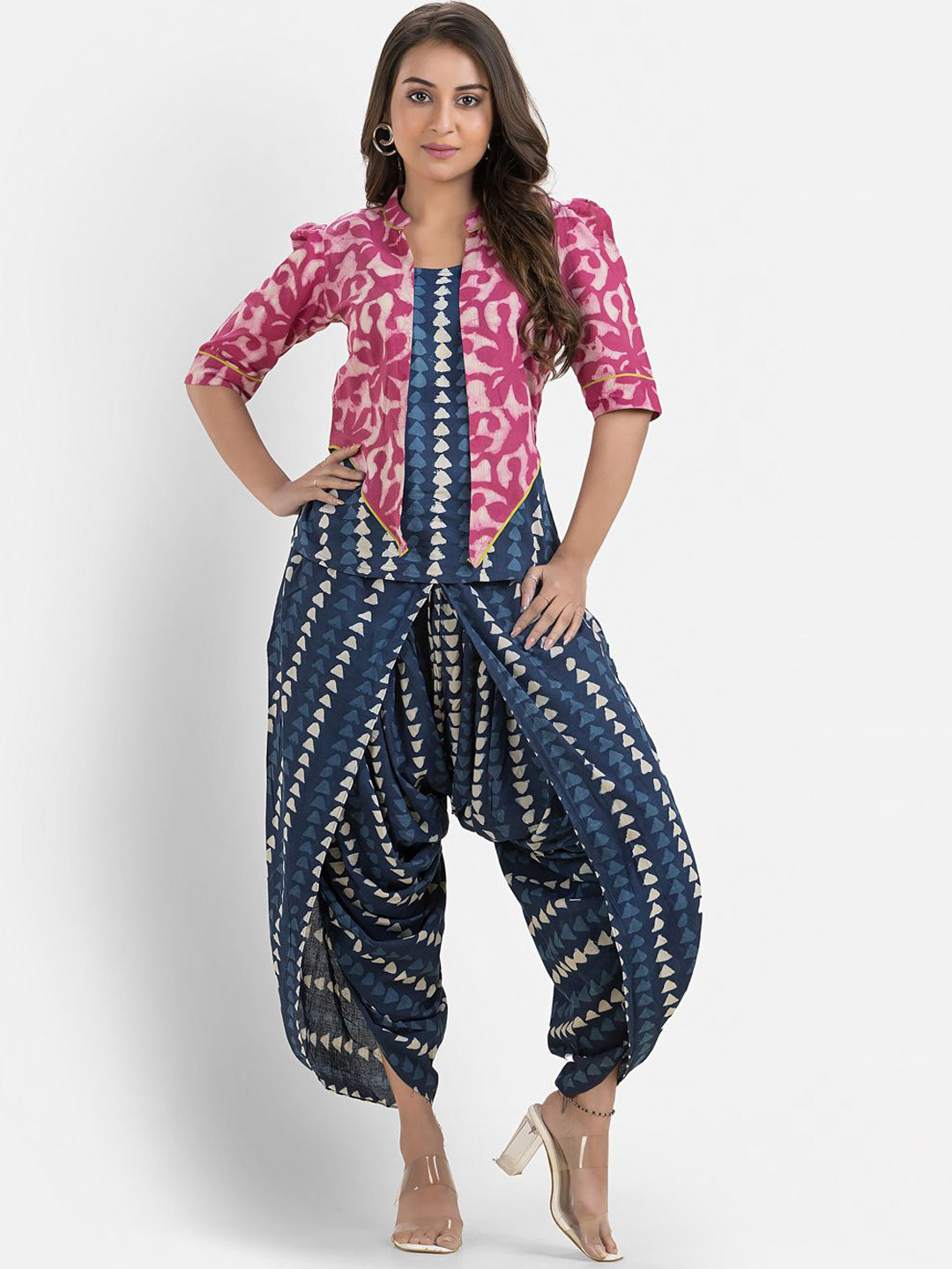 Crazy Needle Printed Round Neck Pure Cotton Top & Dhoti With Jacket