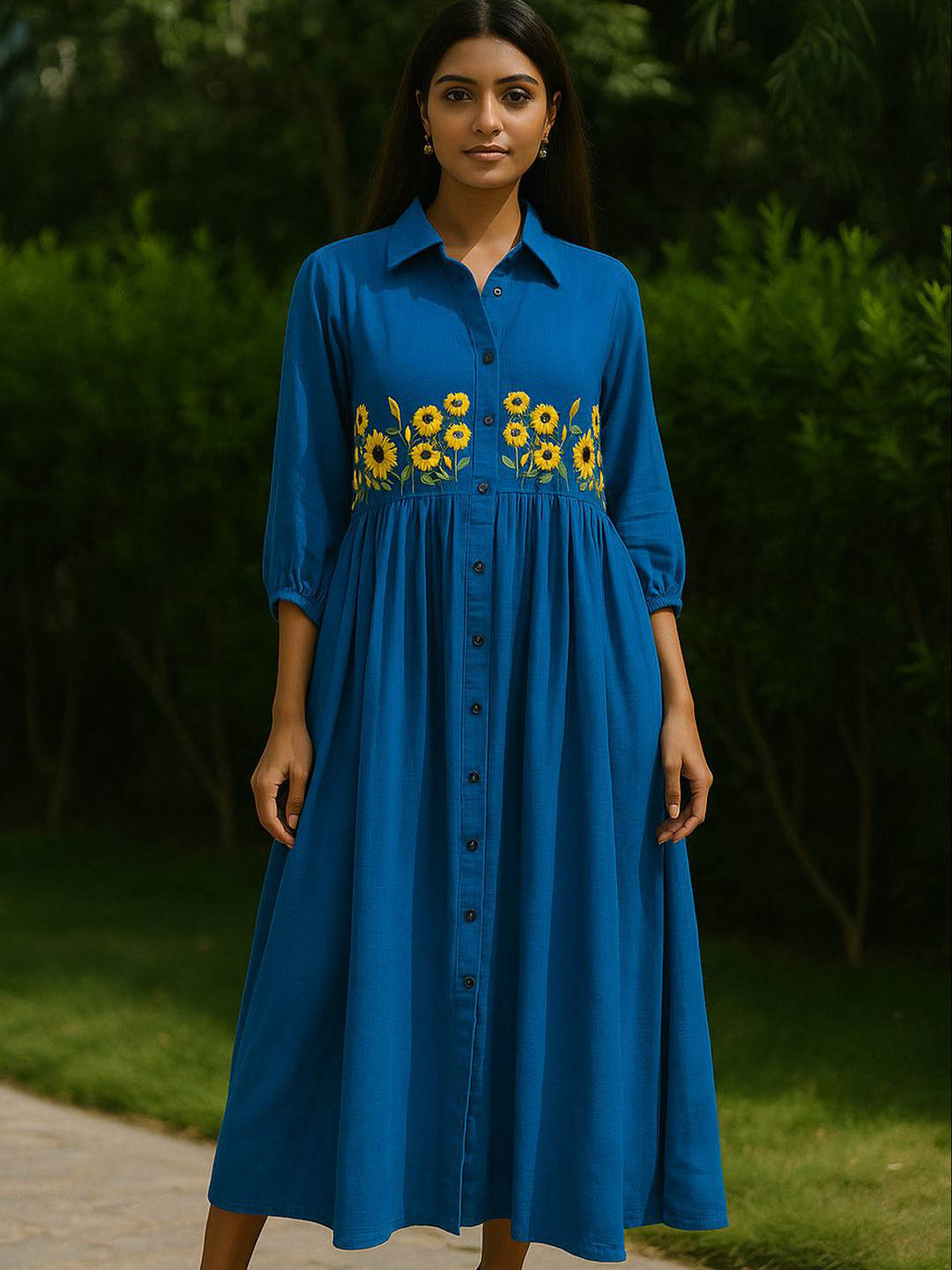 HOUSE OF MAITHILI Women Blue Bloom Hand-Embroidered Puff Sleeve Shirt Midi Dress