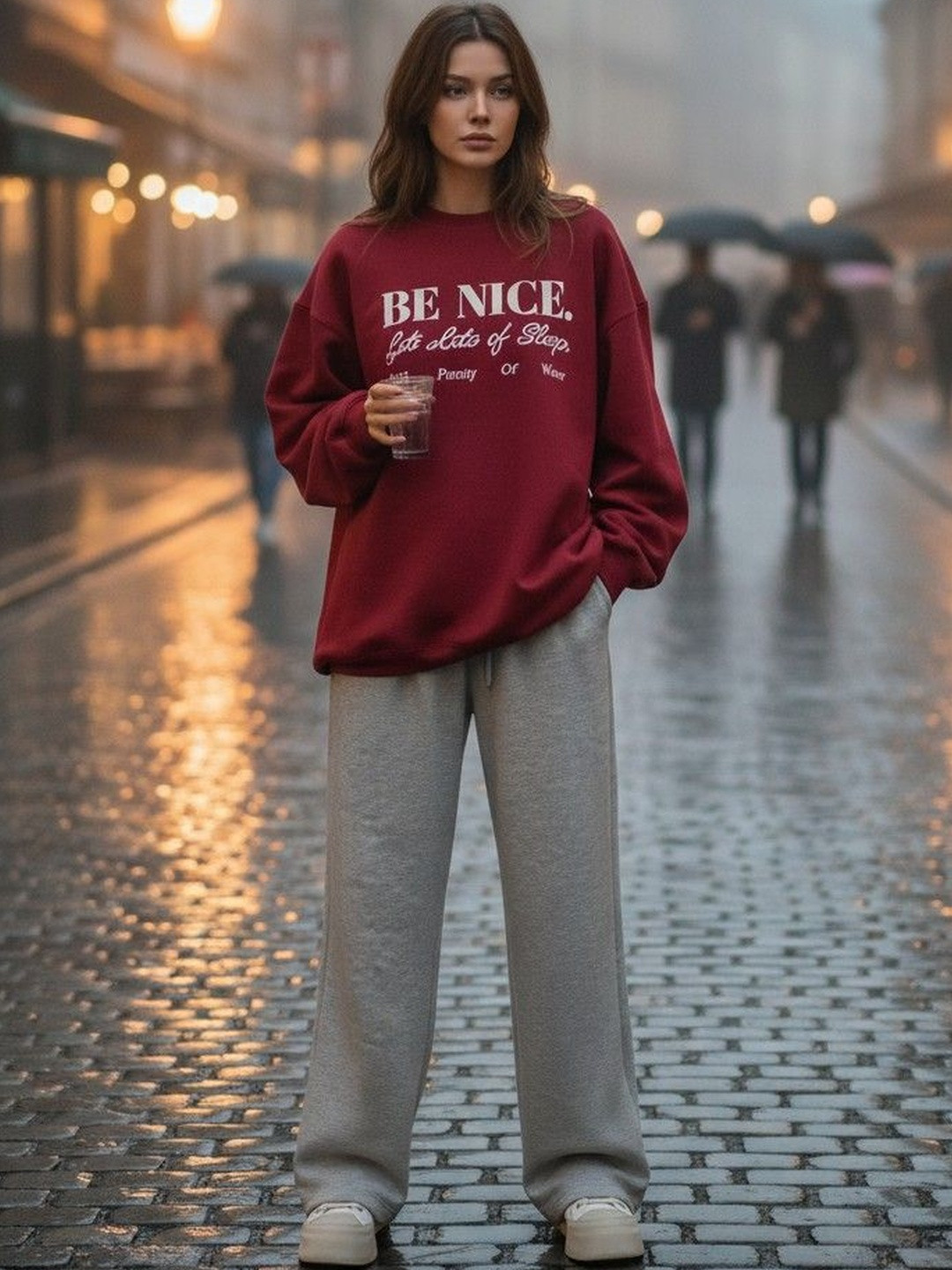HERE&NOW Women Wine Red Long Sleeves Round Neck Sweatshirts