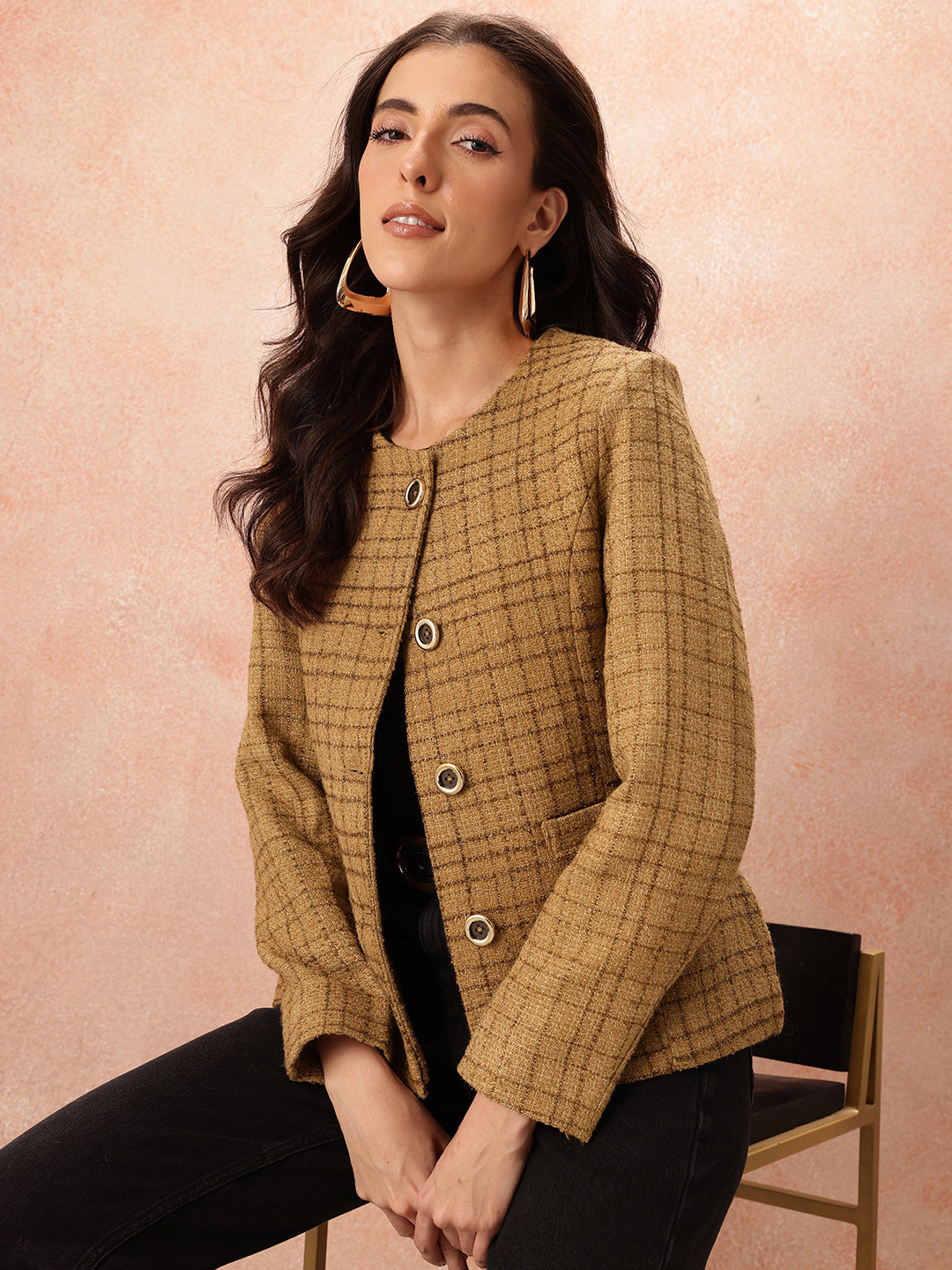 all about you Self-Checked Tweed Collarless Single-Breasted Overcoat