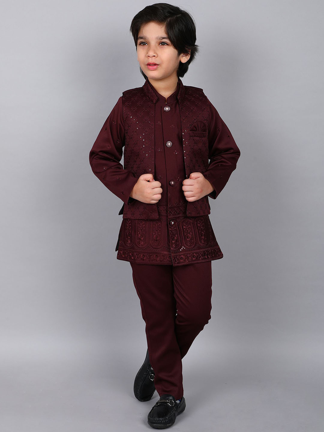 BAESD Boys Floral Embroidered Indo Western Single-Breasted Three-Piece Suit