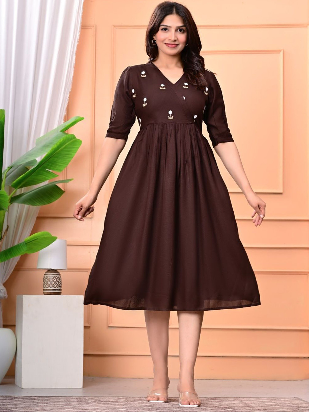 GREAT SELLER Women Embroidered V-neck Fit & Flare Dress