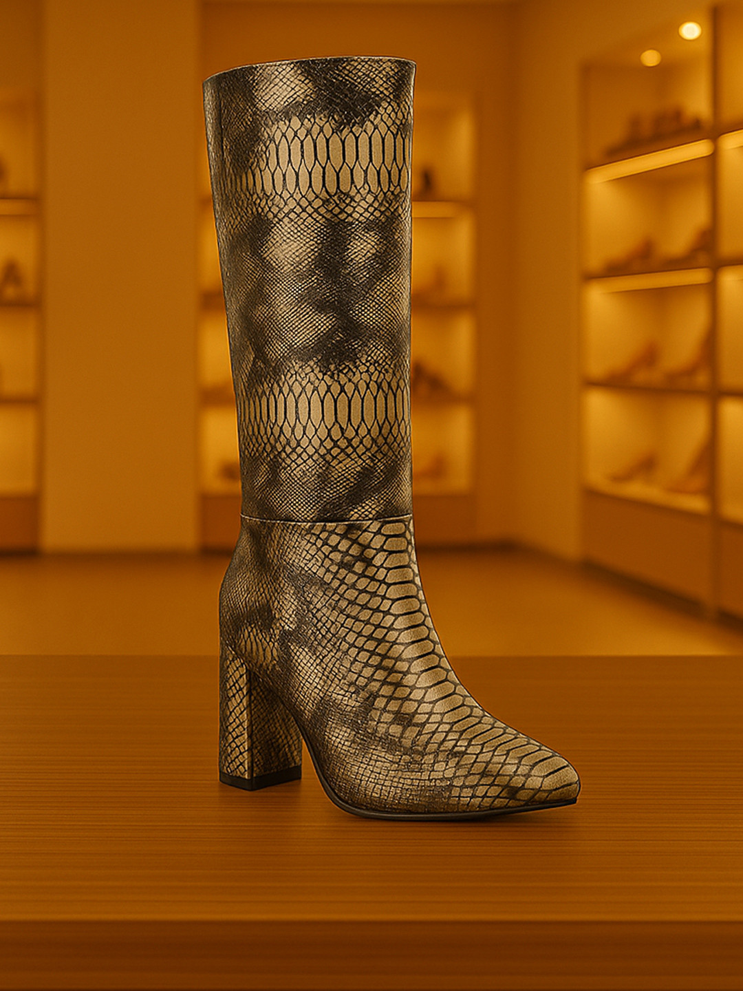Bxxy Textured Snake-Pattern High-Top Block Heel Boots