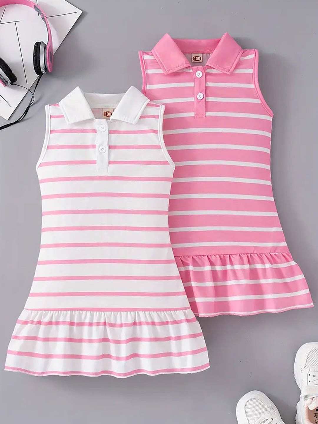 Knit Vey Striped GIRLS COTTON FROCK PACK OF 2